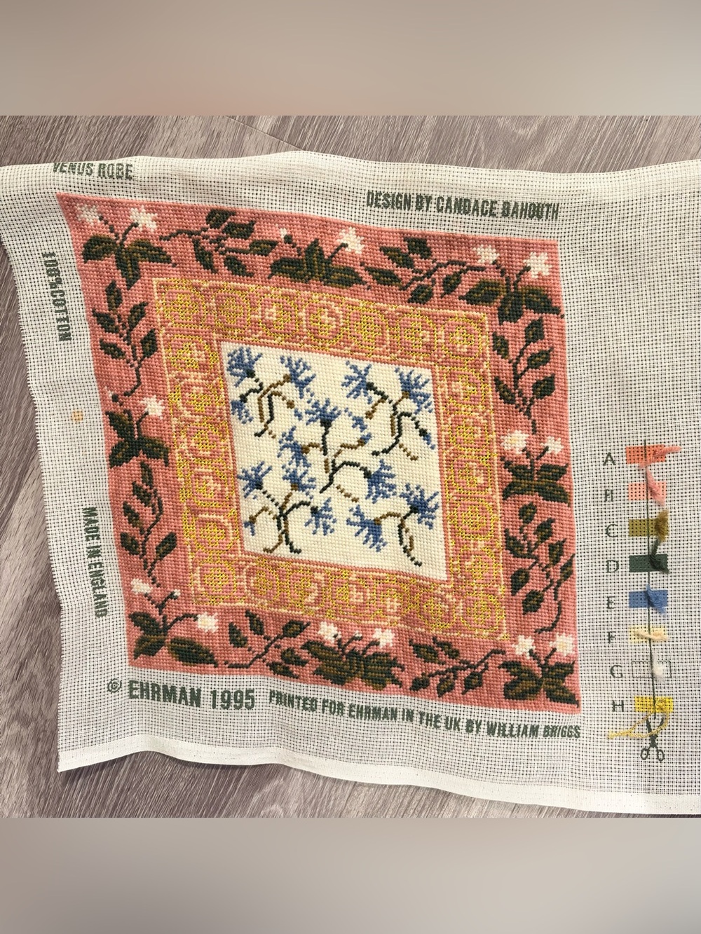 VTG Candace Dahouth Pink Floral Needlepoint Canvas by Ehrman